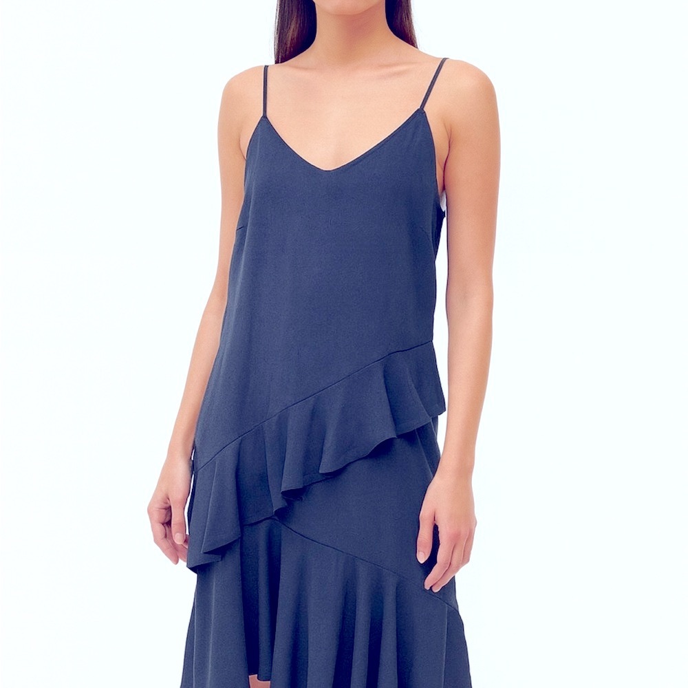 Vero Moda Asymmetrical Blue Slate Ruffle Hem Slip Dress – Size XL
